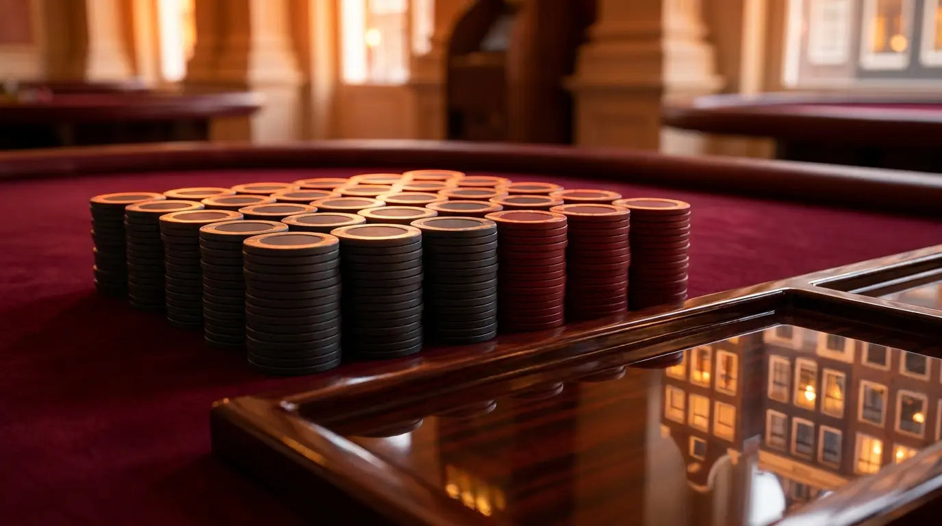 Casinofiches op tafel met Amsterdamse sfeer