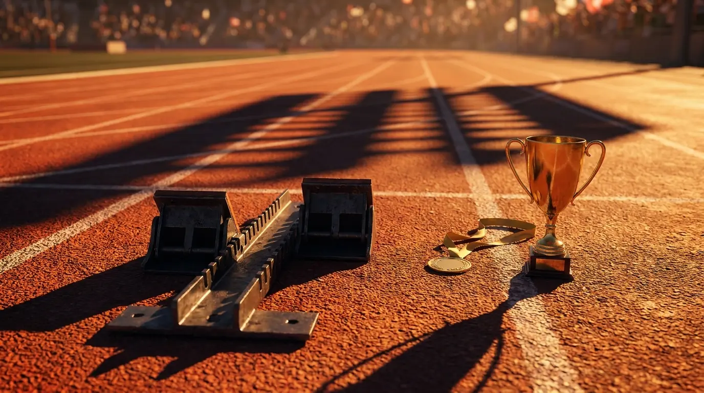 Atletiekbaan met startblokken en gouden trofee in stadion