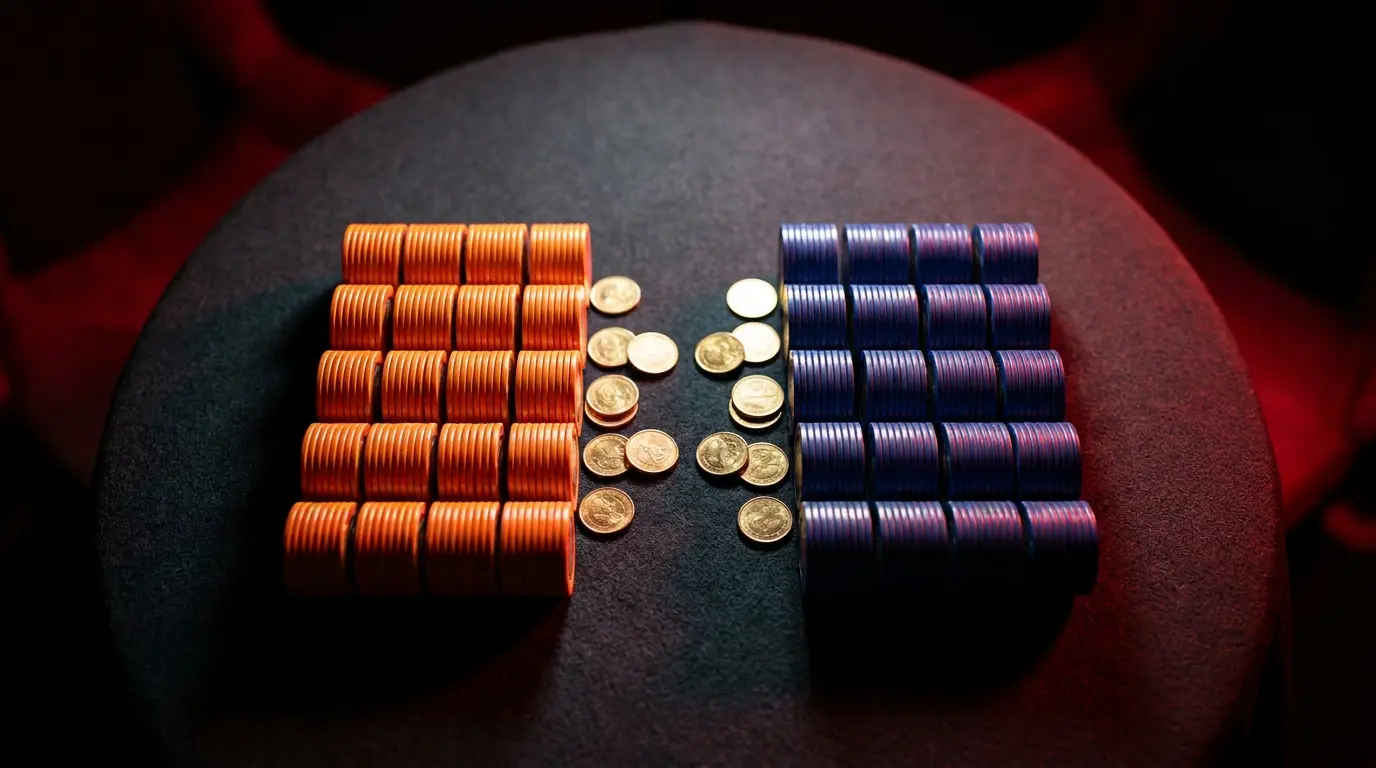 Gelijke stapels speelfiches in oranje en blauw