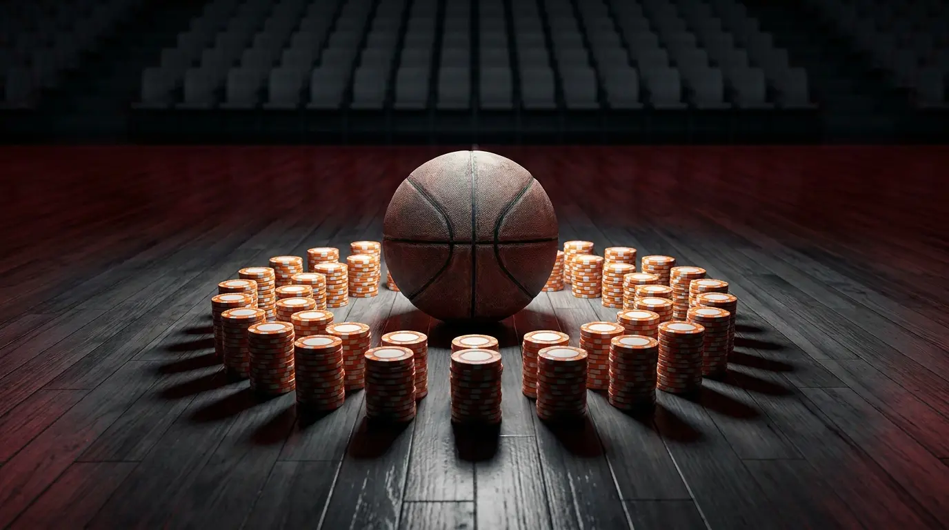 Basketbal op parketvloer omringd door gokfiches in sporthal