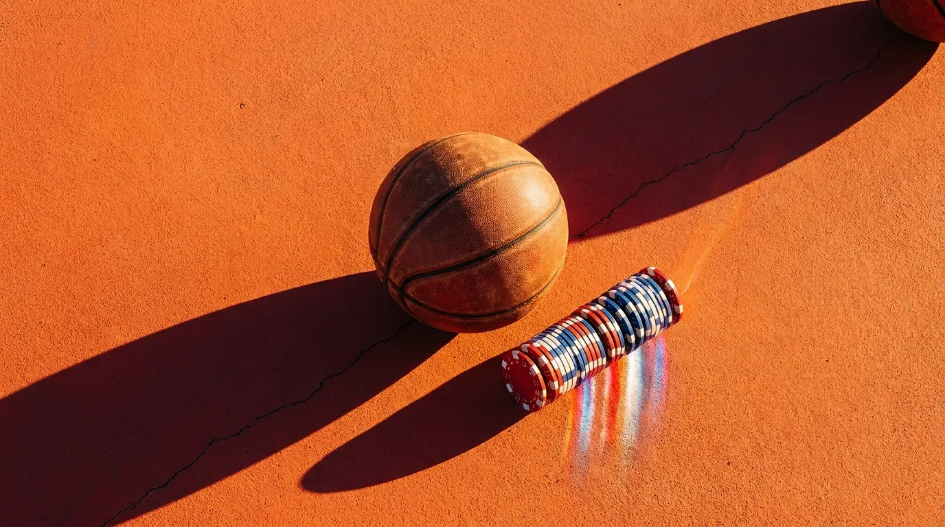 Basketbal en gokchips op speelveld met Nederlandse kleuren