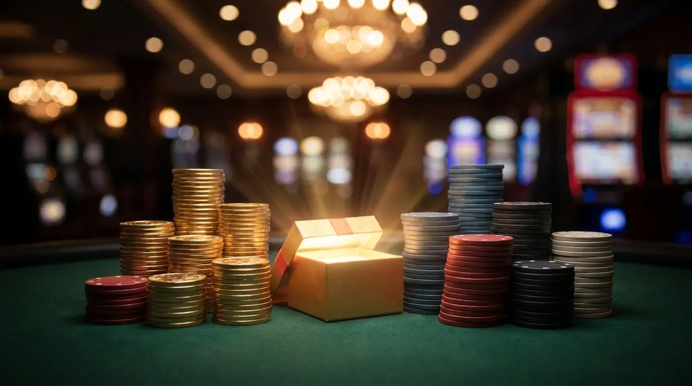 Casino chips en munten met cadeaubox op groene tafel