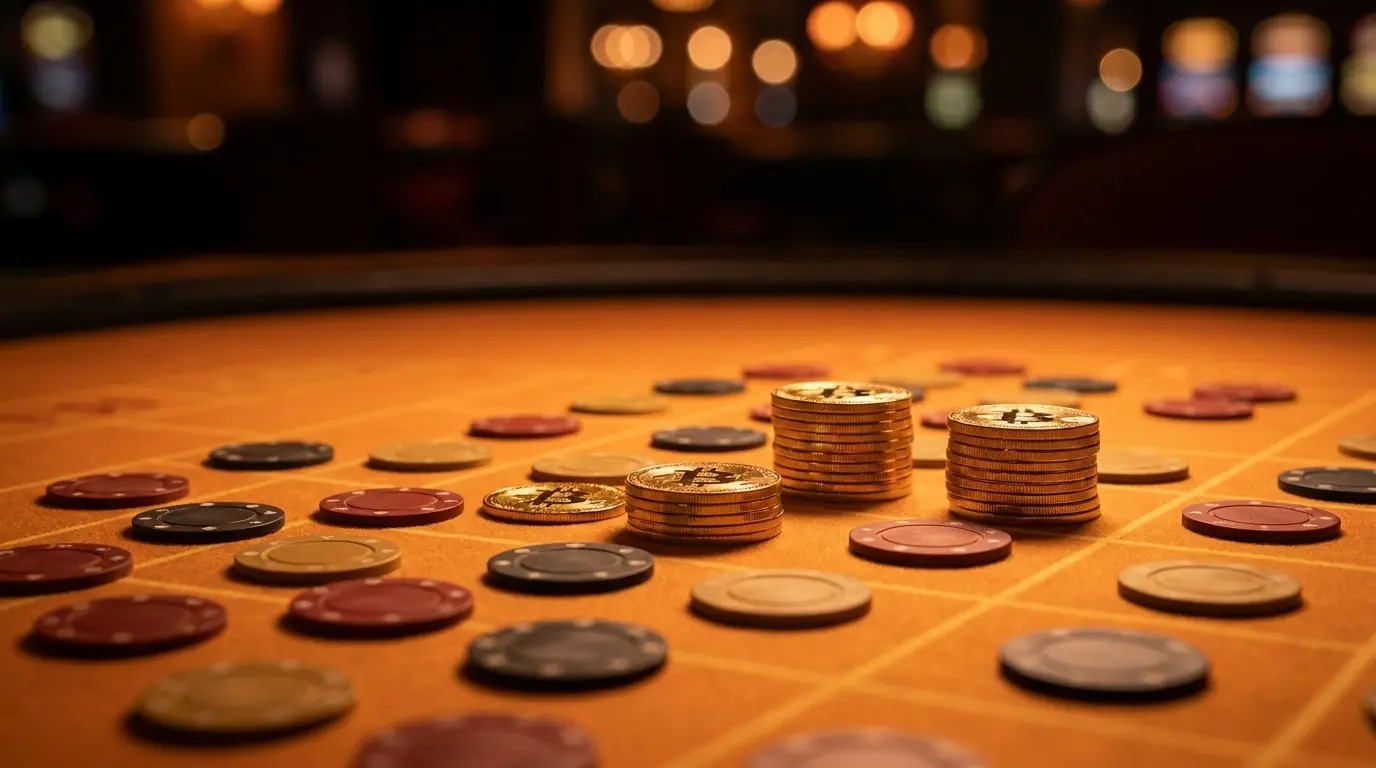 Bitcoin munten en poker chips op oranje vilt