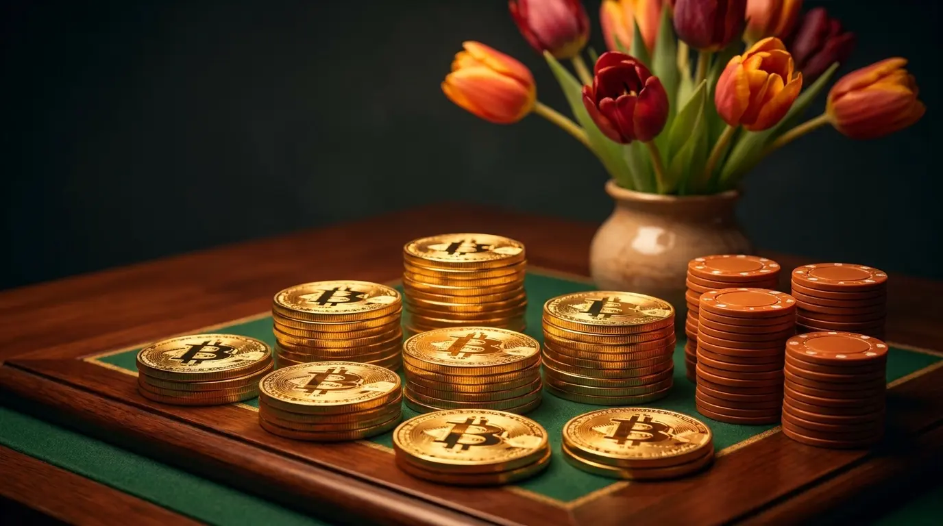 Bitcoin munten en casino chips met Nederlandse tulpen op achtergrond