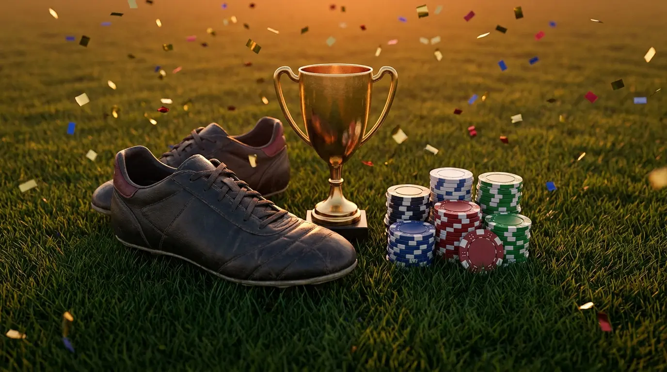 Voetbalschoen naast trofee en speelfiches op gras bij zonsondergang