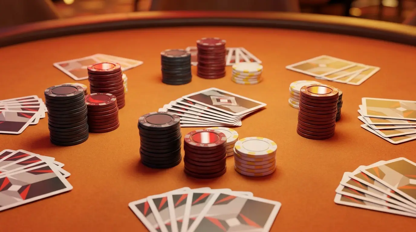 Casinochips en speelkaarten in Brabantse carnavalskleuren