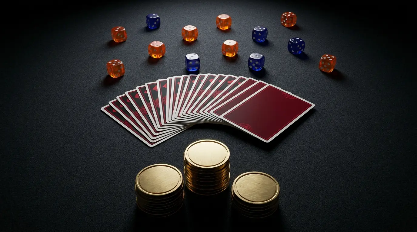 Speelkaarten dobbelstenen en munten op casino tafel