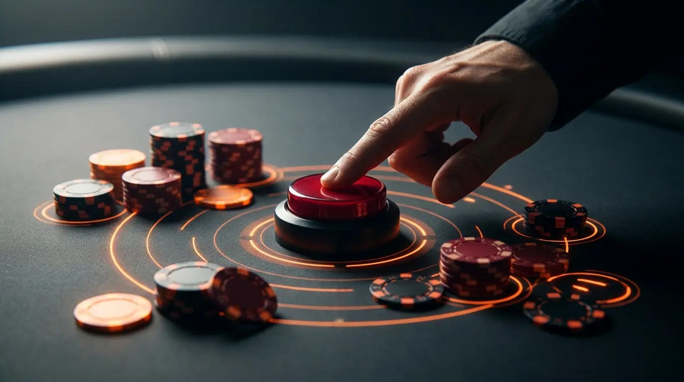 Hand drukt op rode cash-out knop omringd door casino fiches