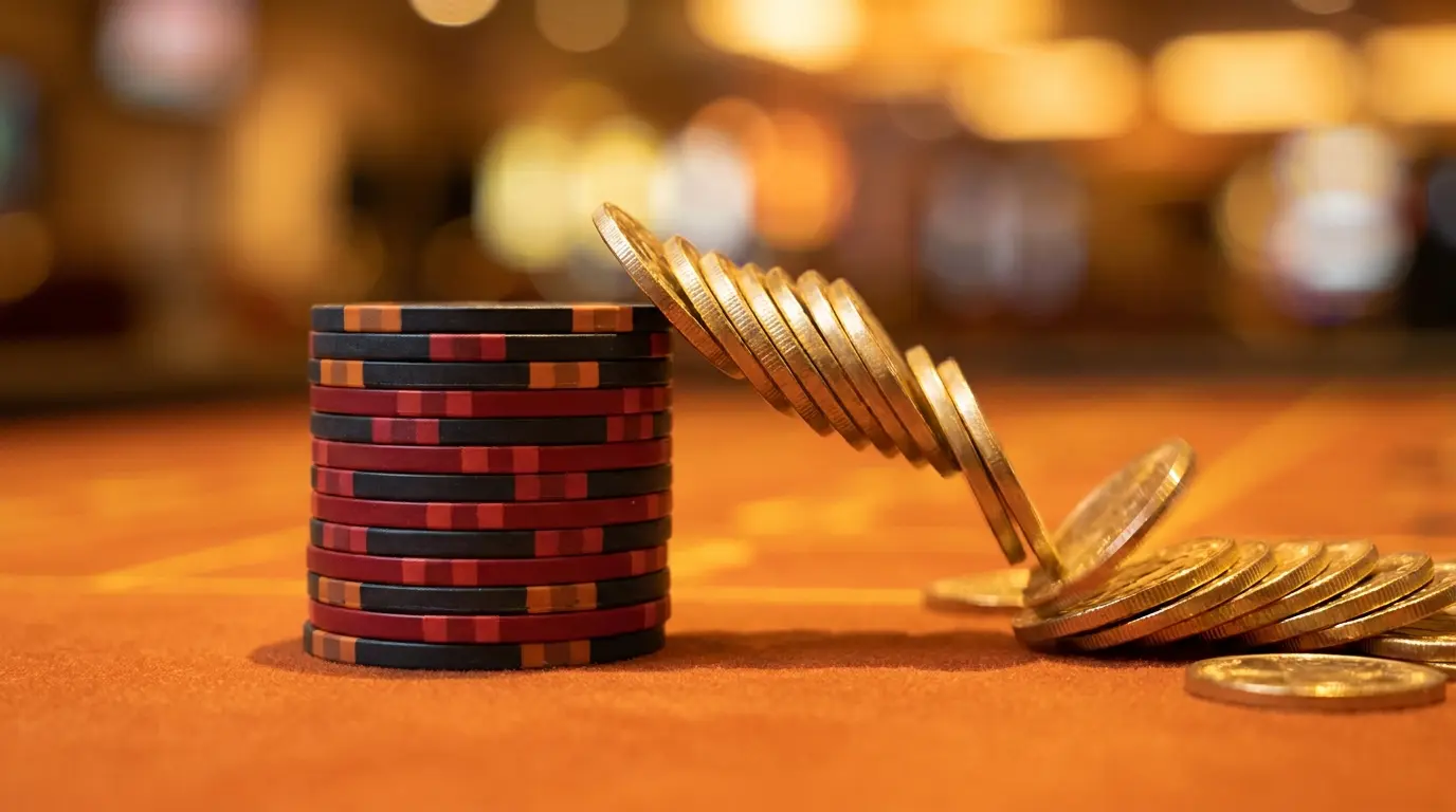 Casinofiches met terugvloeiende gouden munten op oranje vilt
