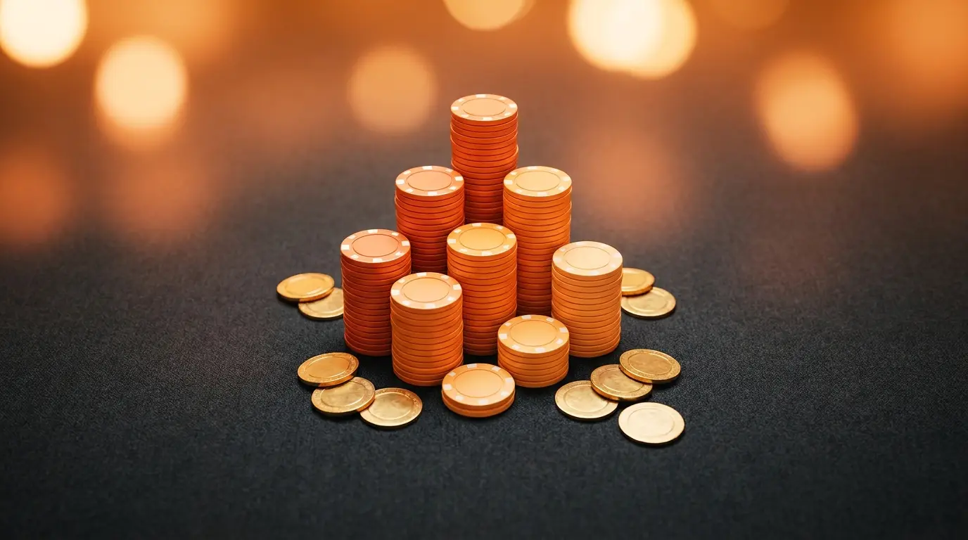 Casino fiches gestapeld als podium met gouden munten rondom