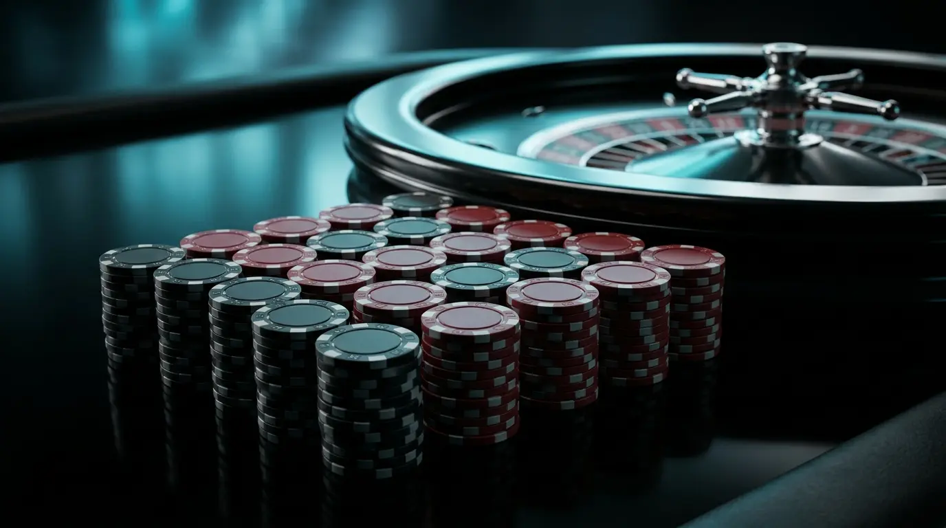 Casino fiches gestapeld met roulette wiel