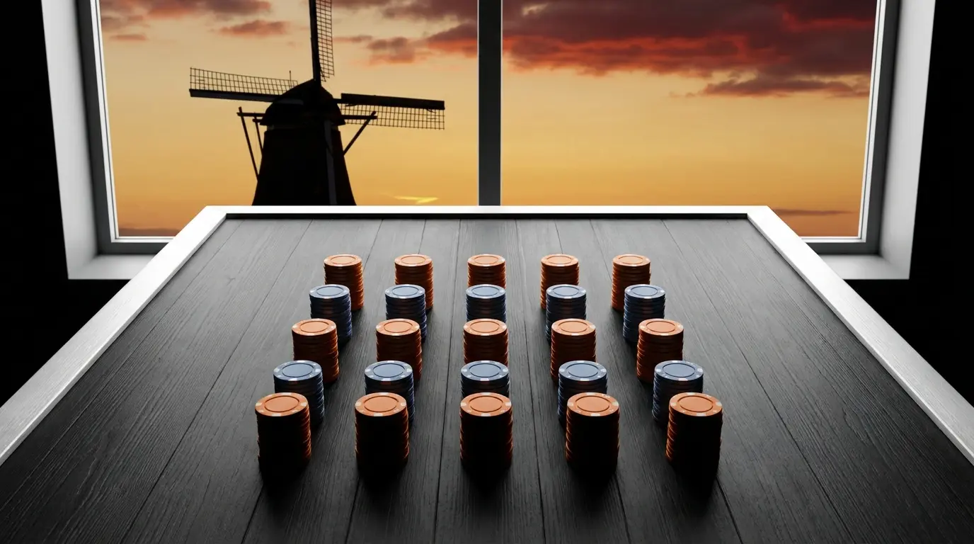 Casinochips op tafel met Nederlandse molen op achtergrond