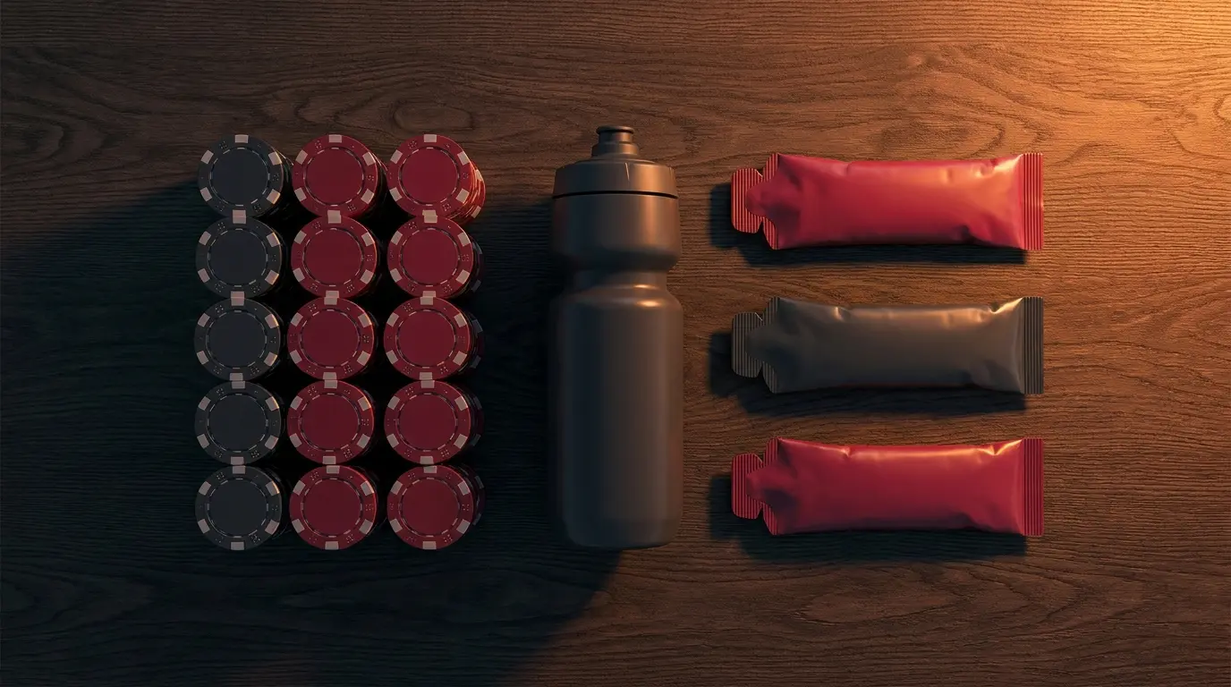 Pokerfiches naast wielren accessoires op houten tafel