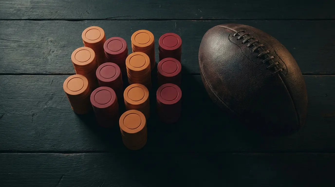 Oranje fiches en voetbal op donker hout van bovenaf