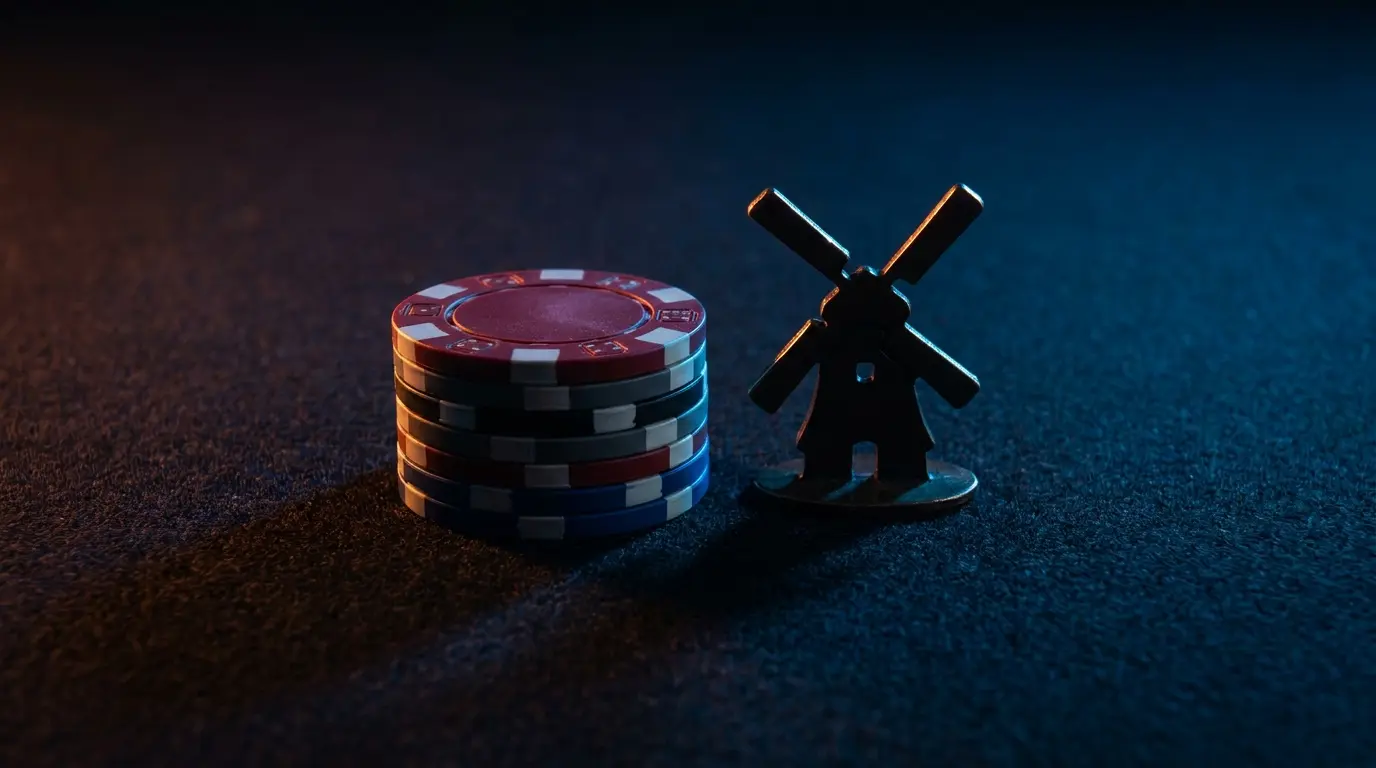 Casino fiches en Nederlandse windmolen miniatuur op vilt