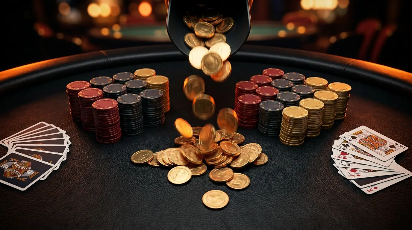 Vallende munten en speelkaarten op luxe casino tafel