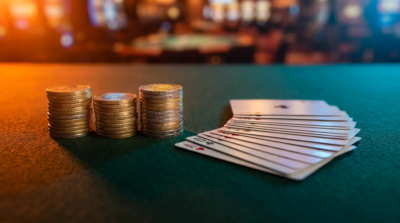 Euro munten en speelkaarten op groene casino tafel