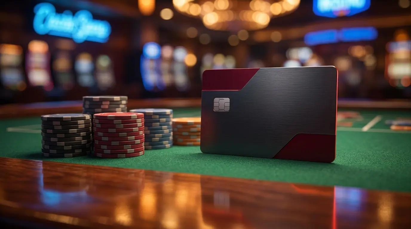 Creditcard en pokerfiches op groene casinotafel met Nederlandse kleuren