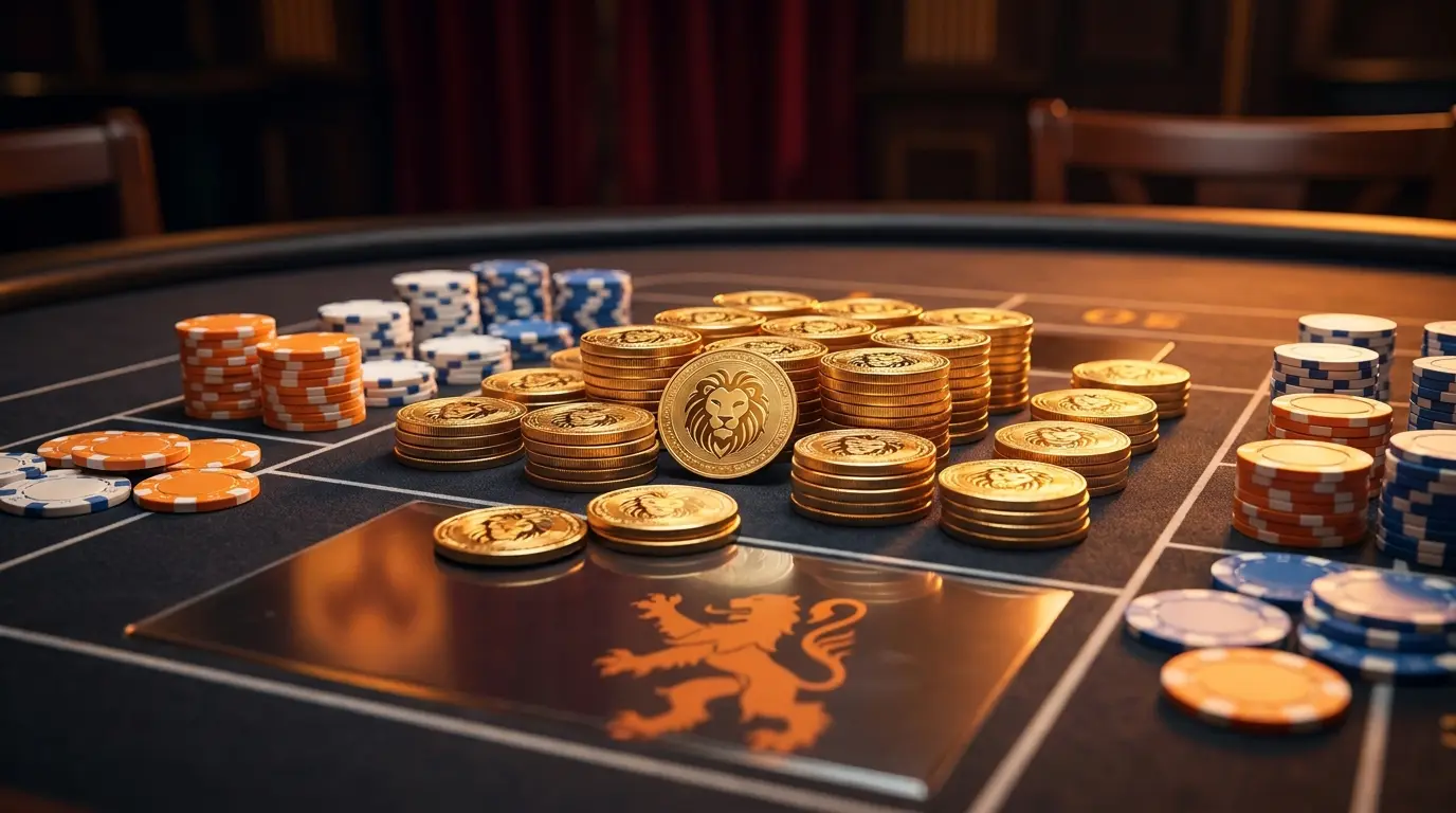 Cryptocurrency munten en casinofiches in Nederlandse kleuren