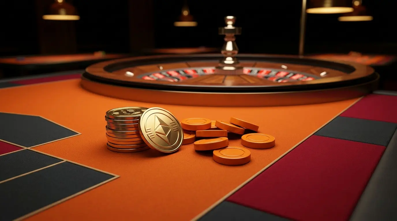 Cryptocurrency munten en oranje casino chips op speeltafel