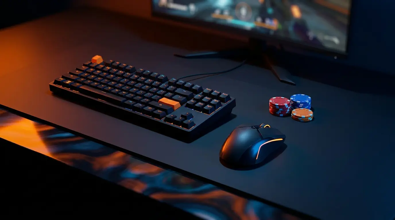 Gaming opstelling met oranje verlichting en poker chips