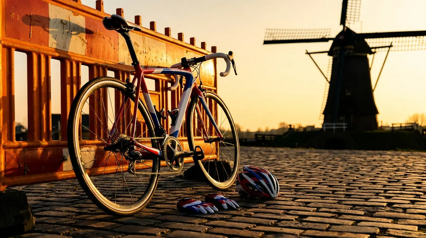 Wielrenfiets met helm op Nederlandse kasseien bij zonsondergang
