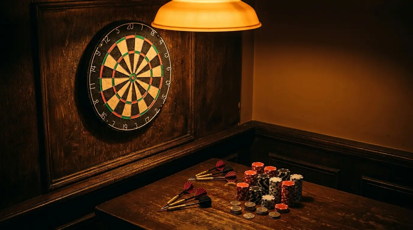 Dartbord met fiches en munten op houten tafel