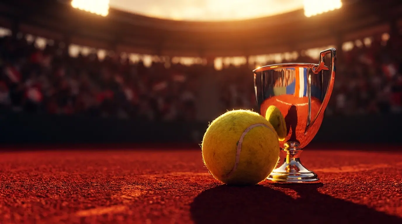 Tennisbal op gravel met Nederlandse kleuren en trofee