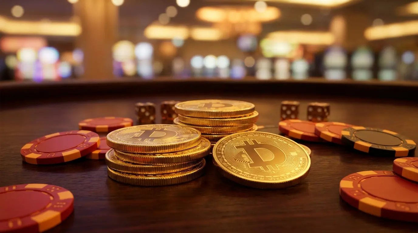 Dogecoin munten gestapeld met gokchips op donker hout