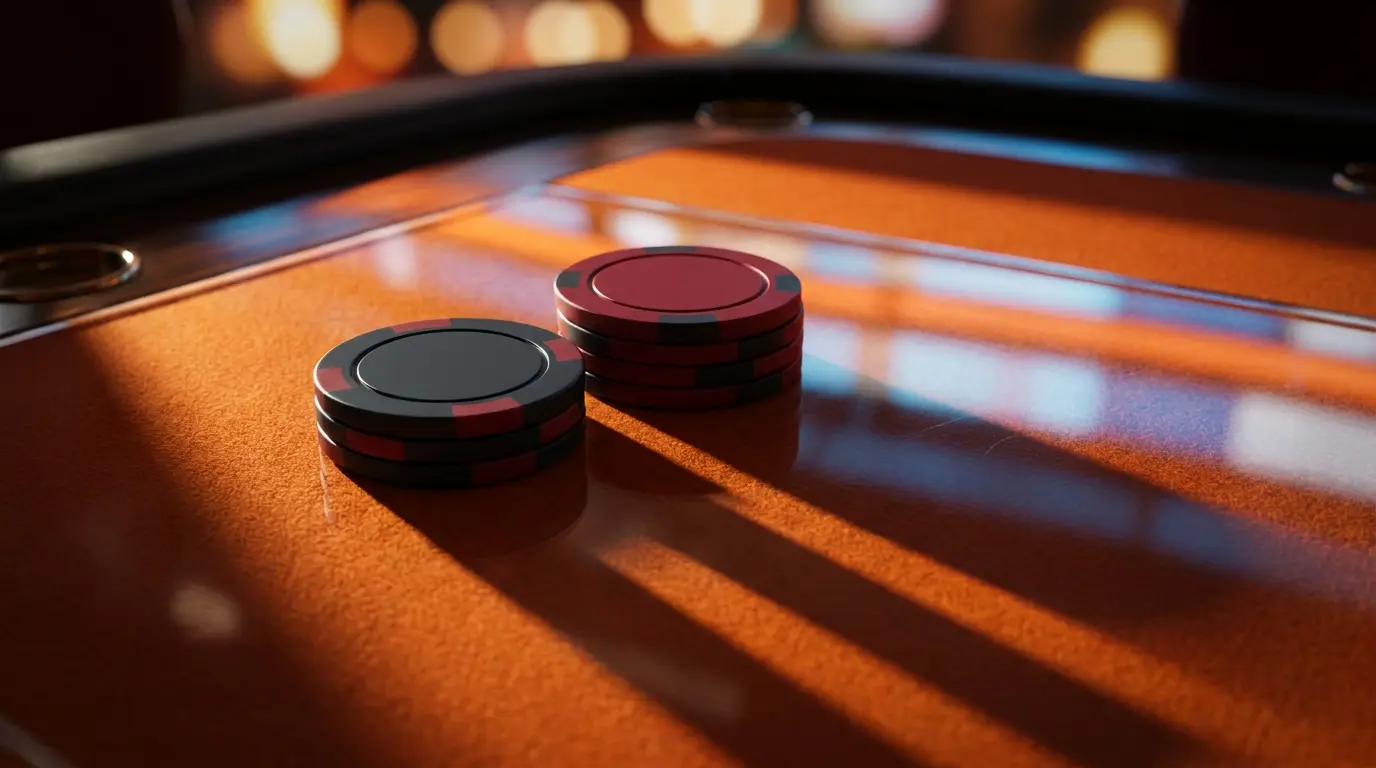 Dubbele stapel pokerfiches op oranje vilt met Nederlandse kleuren