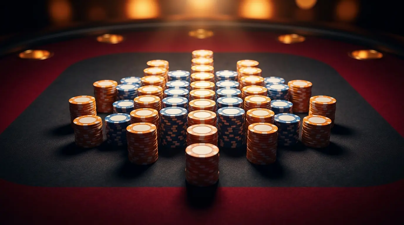 Stapel casino fiches in Nederlandse kleuren op vilt tafel