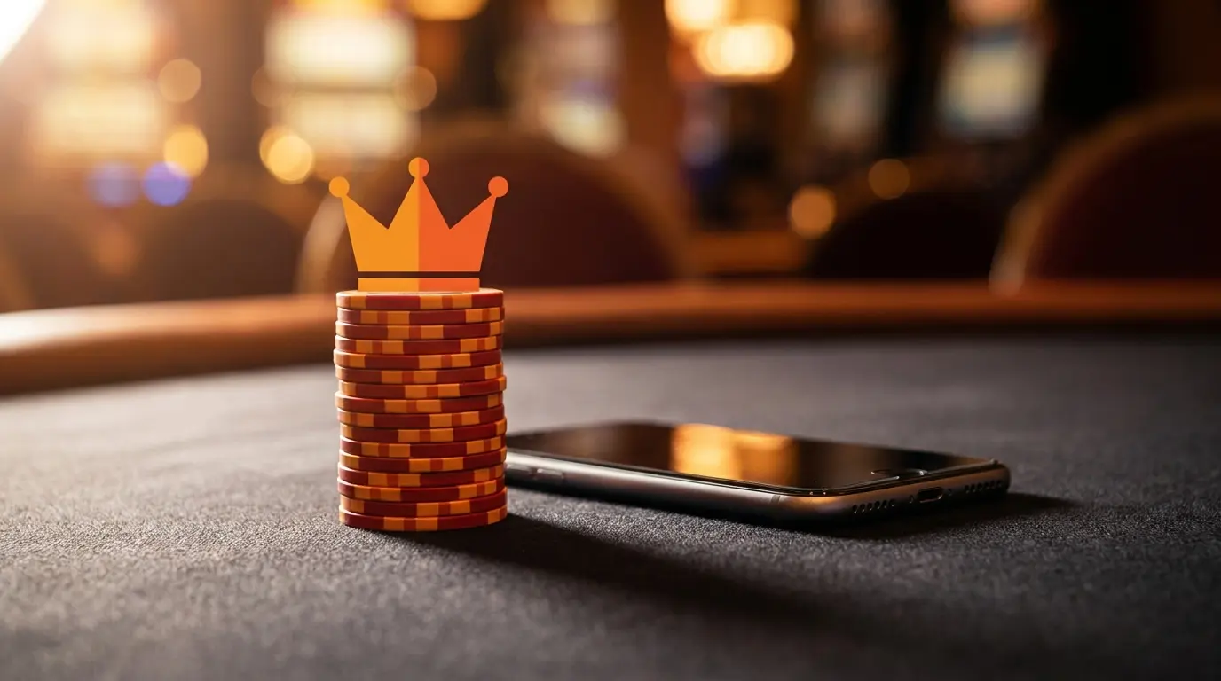 Stapel casinochips met smartphone op goktafel in oranje tinten