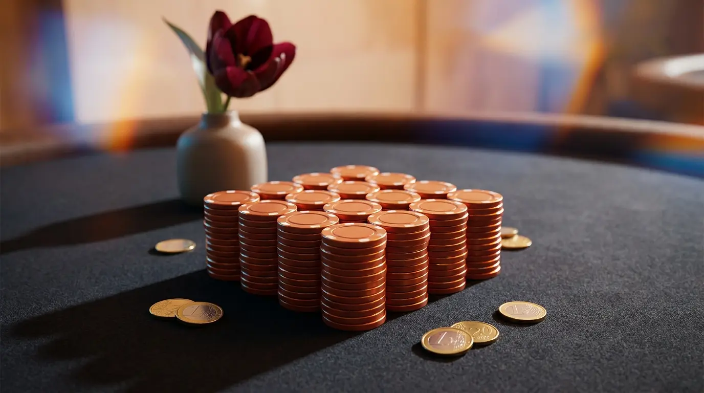 Oranje pokerfiches en euromunten op casino tafel met Nederlandse kleuren