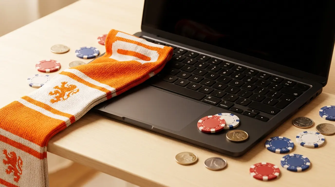 Laptop met Nederlandse voetbalsjaal en casino chips voor Skrill bookmakers