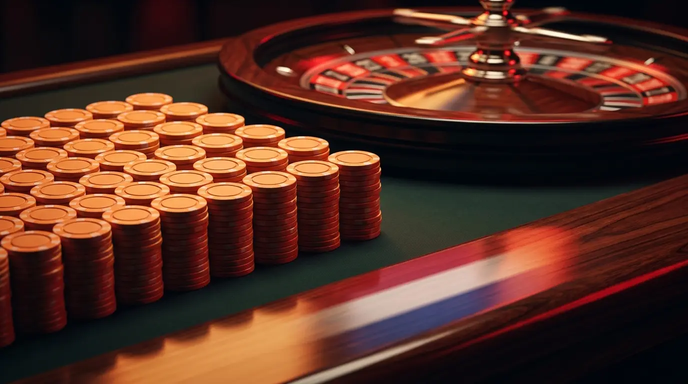 Casino chips en roulette wiel in Nederlandse kleuren