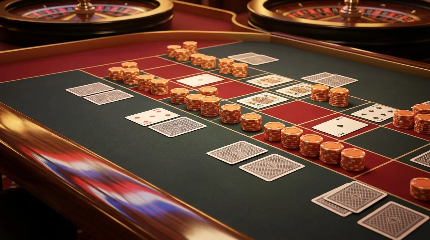 Casino chips en speelkaarten in Nederlandse kleuren op speeltafel