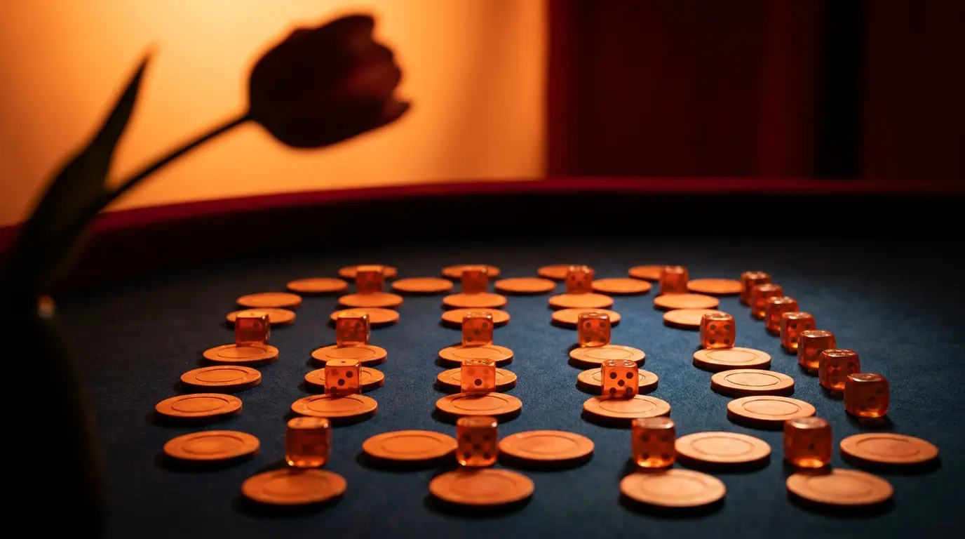 Oranje casinochips en dobbelstenen op blauwe speeltafel