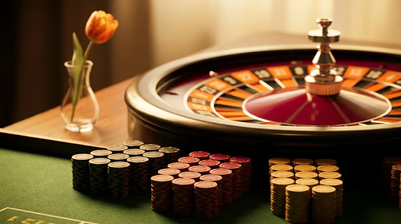 Roulette wiel met oranje accenten en casino chips op groene tafel