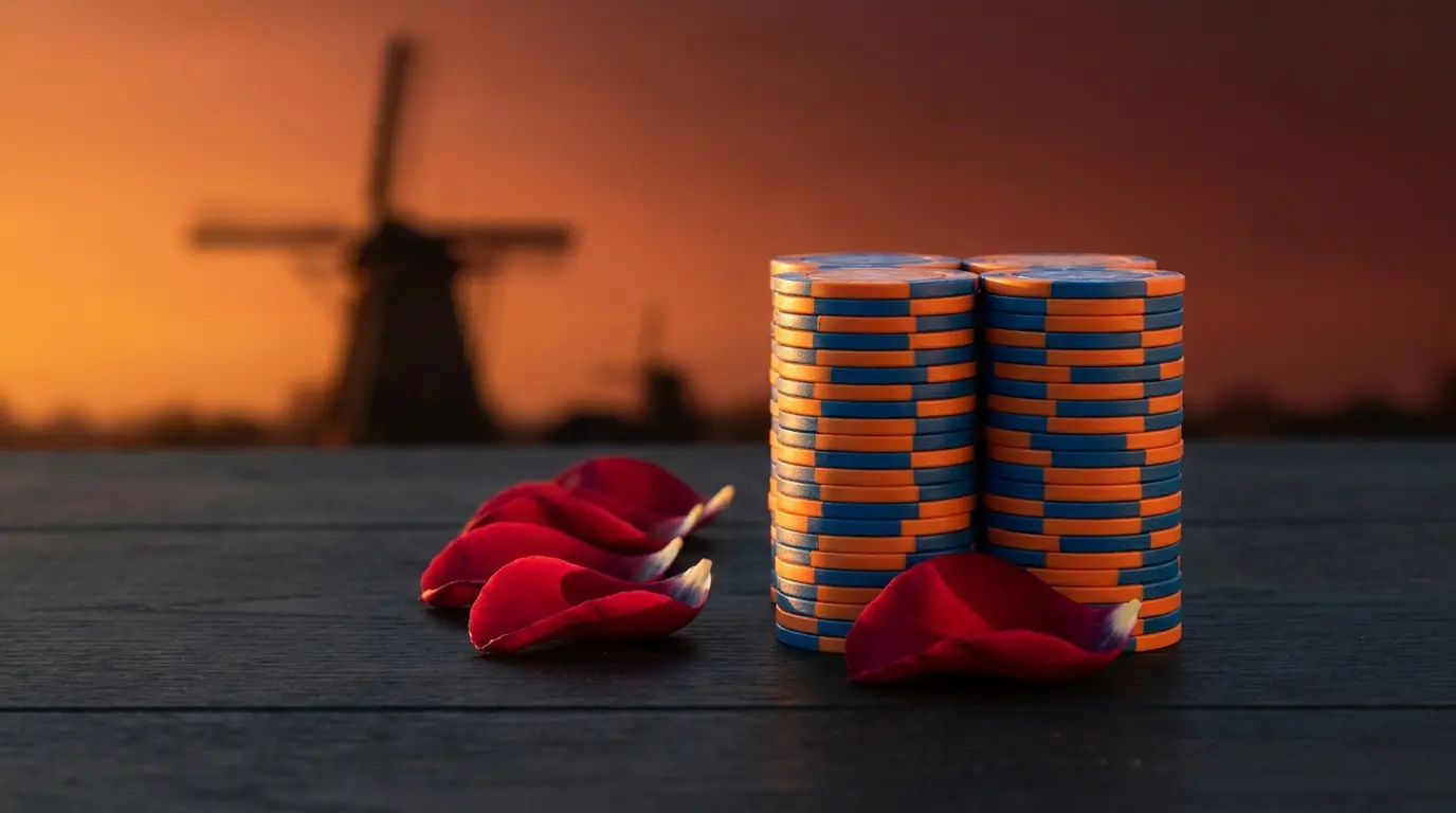 Oranje fiches met tulpenblaadjes en molen silhouet