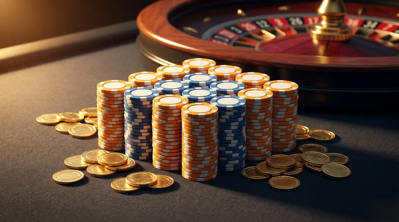 Gestapelde casinofiches in Nederlandse kleuren met gouden munten