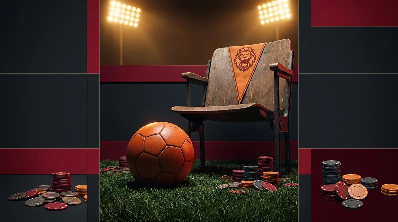 Voetbal met oranje wimpel en speelfiches op grasveld