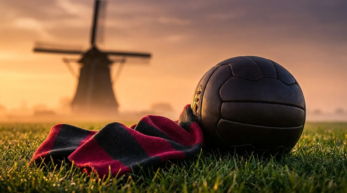 Voetbal met Nederlandse sjaal in gouden avondlicht