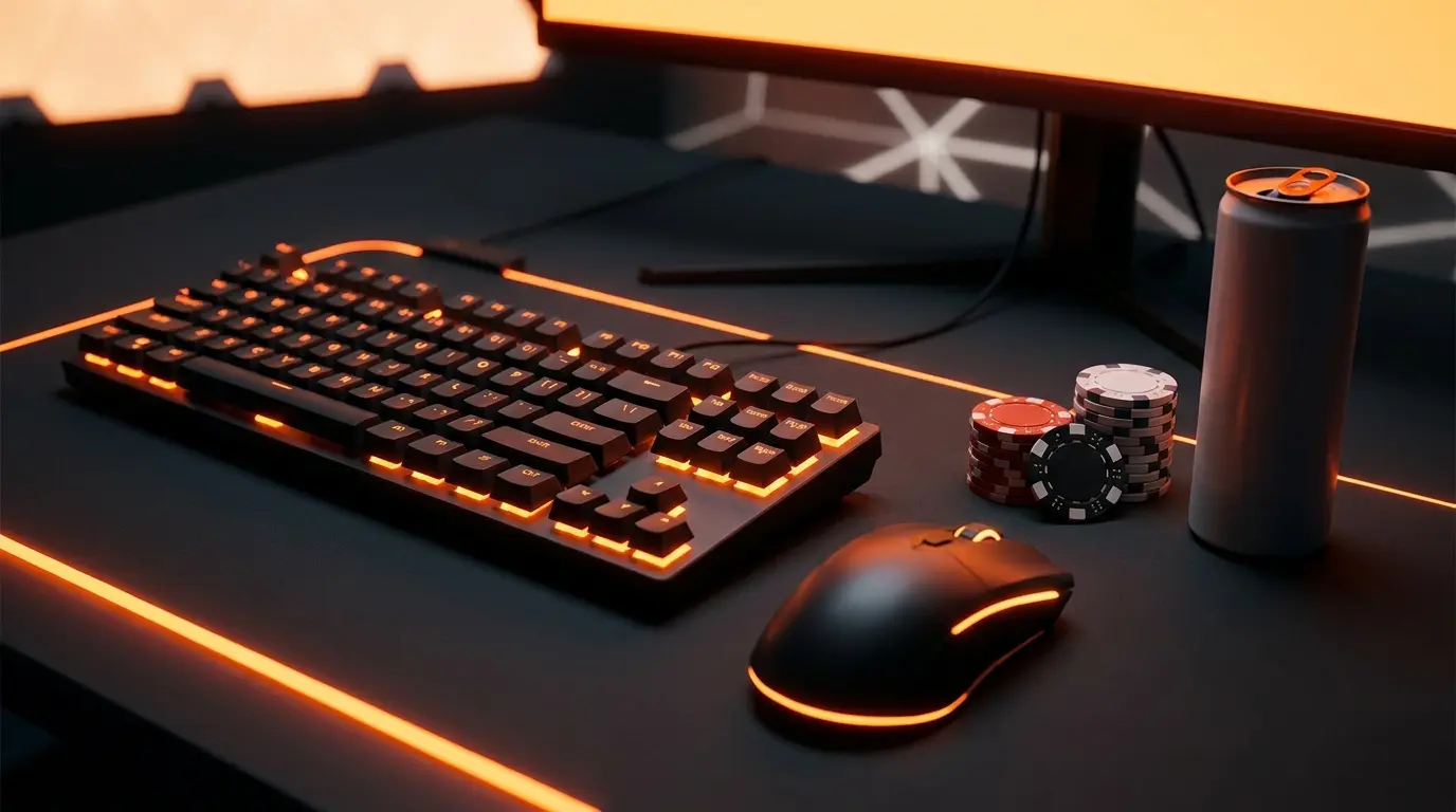 eSports gaming setup met oranje verlichting en pokerfiches