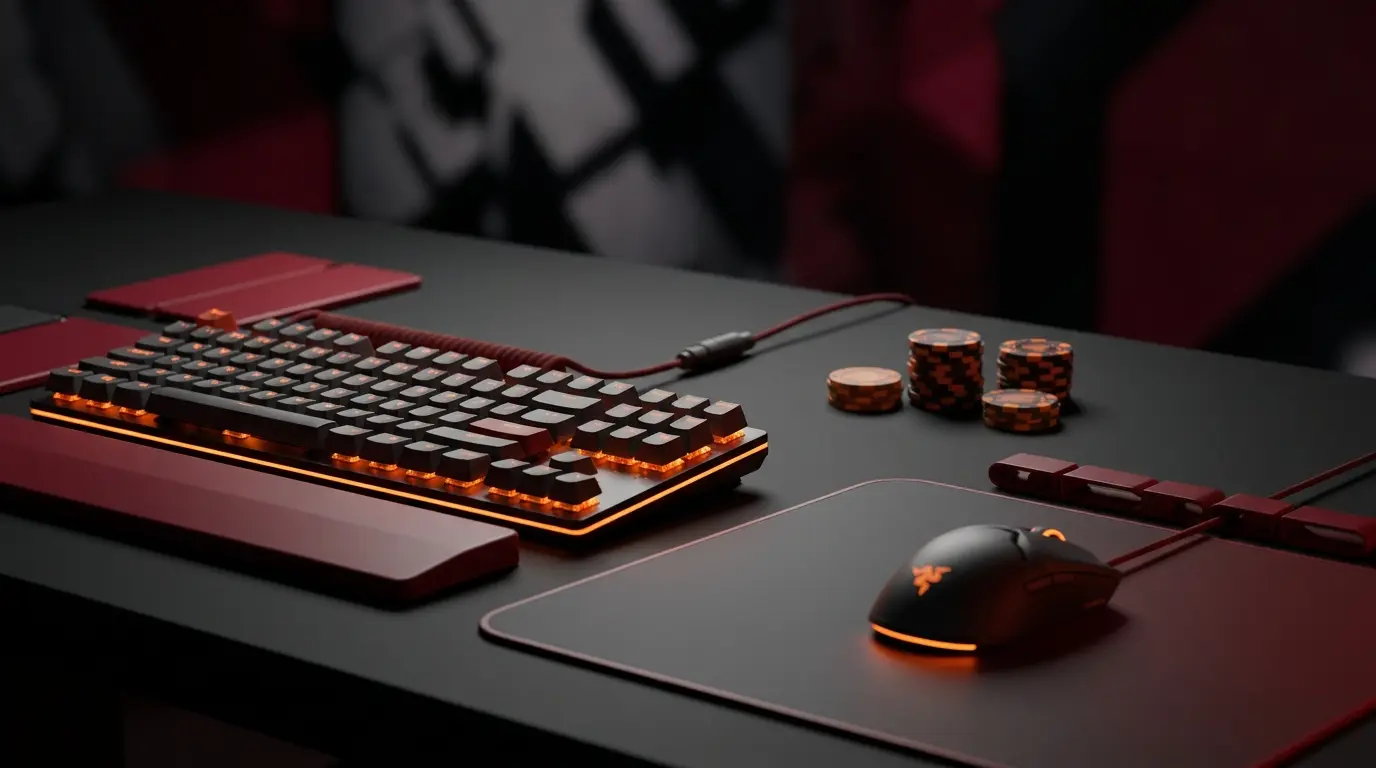 Gaming setup met oranje verlichting en pokerfiches