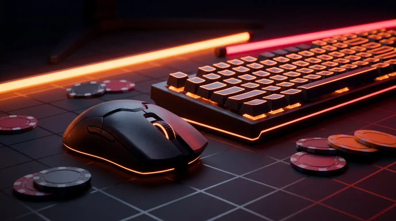 Gaming setup met oranje neon verlichting en poker fiches