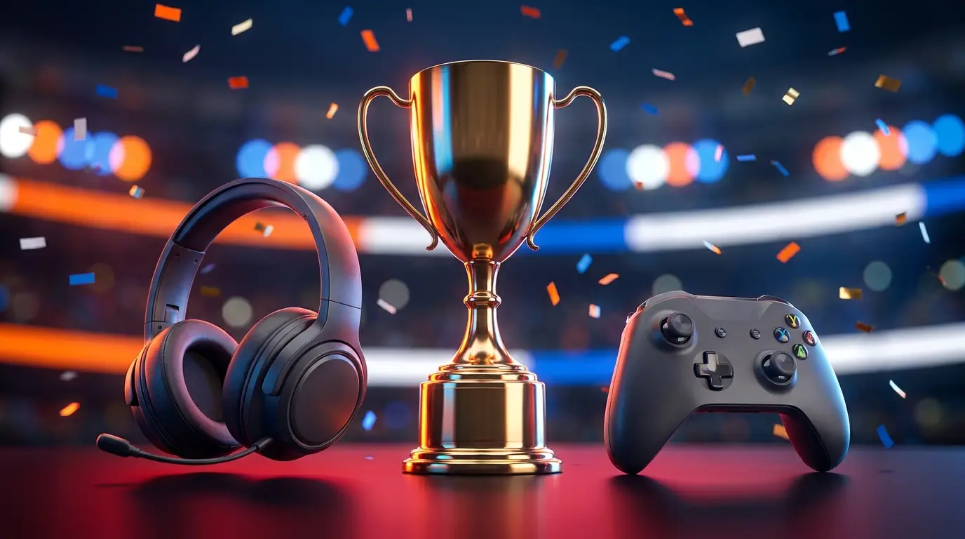 Gouden trofee met gaming headset in Nederlandse kleuren