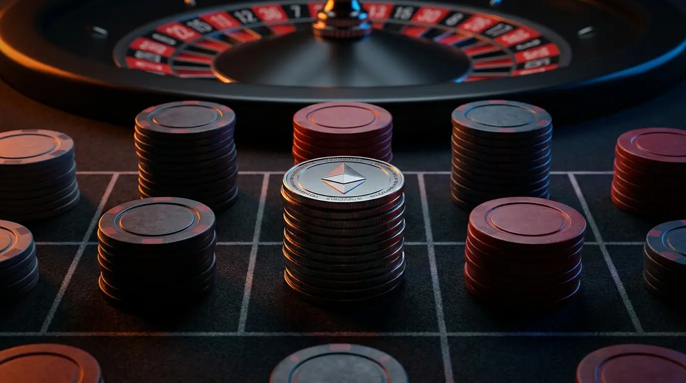 Ethereum munten en casino chips op speeltafel met sfeerverlichting