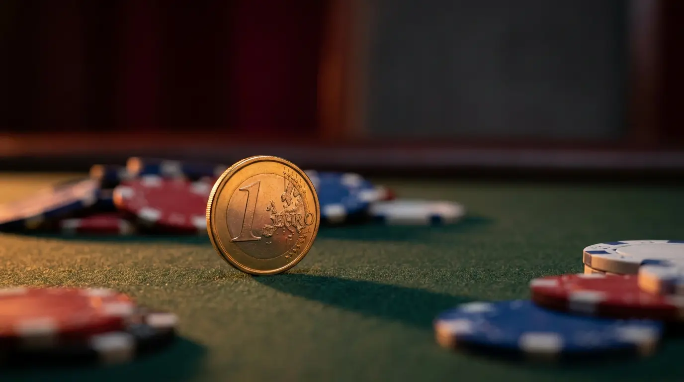 Gouden euro munt op groene tafel met casino chips op achtergrond