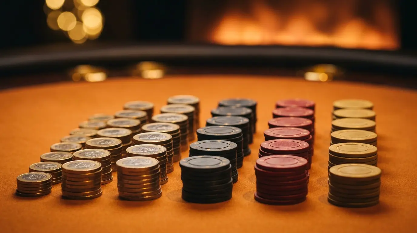 Euro munten en casino fiches op oranje tafel met warme verlichting