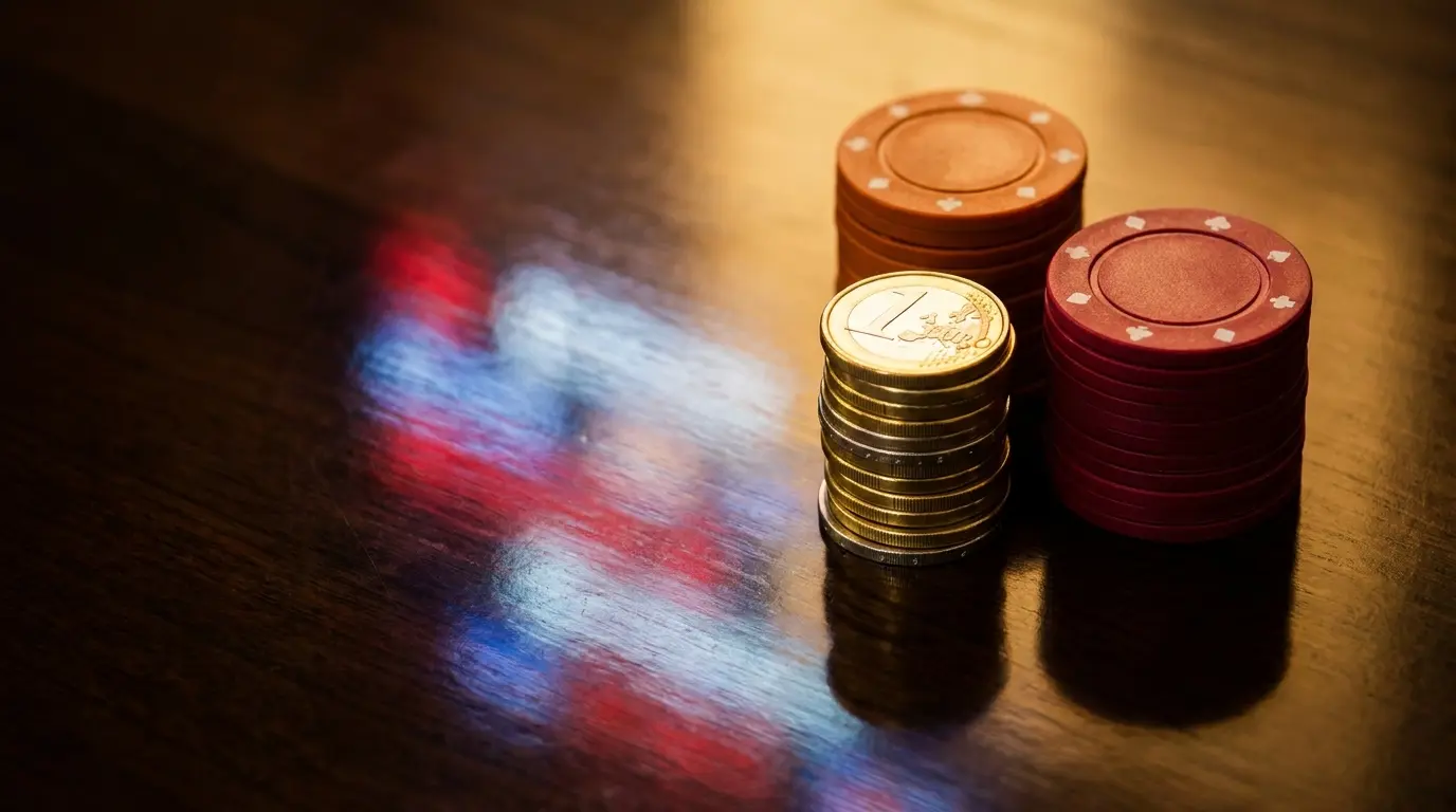 Euromunt en casinofiches in Nederlandse kleuren op tafel